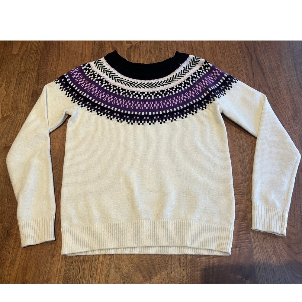 Talbots Petite Womens Fair Isle Sweater Cream Purple‎ Cotton Merino Wool P Small